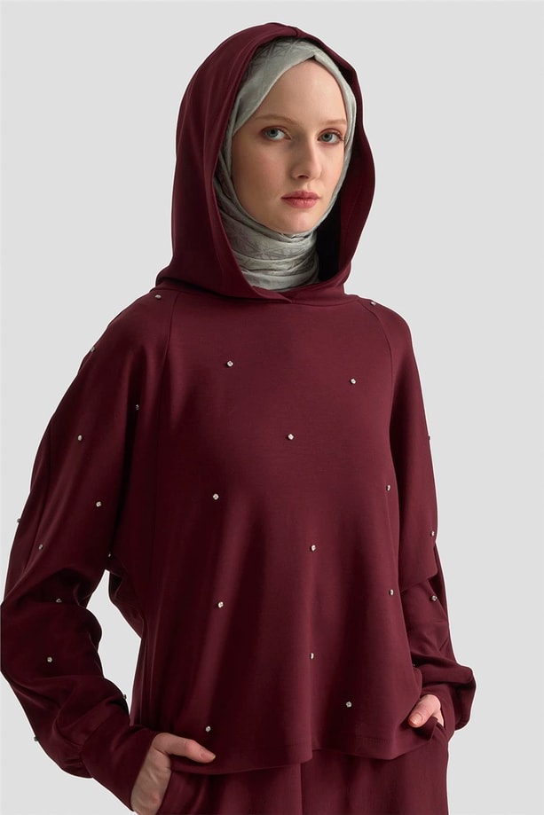 Armine Taşlı Kapüşonlu Sweat 25KD4031 Mürdüm