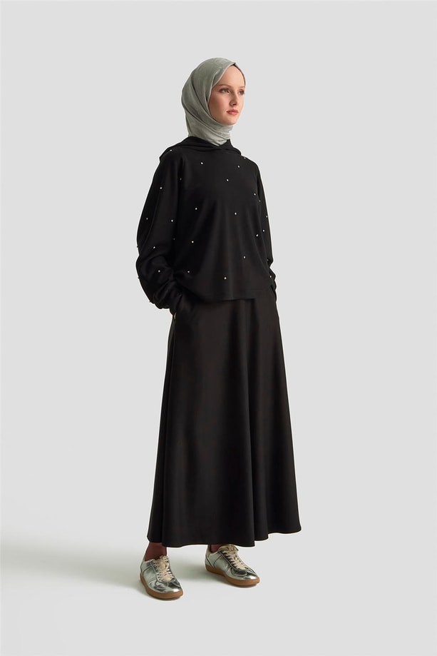Armine Taşlı Kapüşonlu Sweat 25KD4031 Siyah