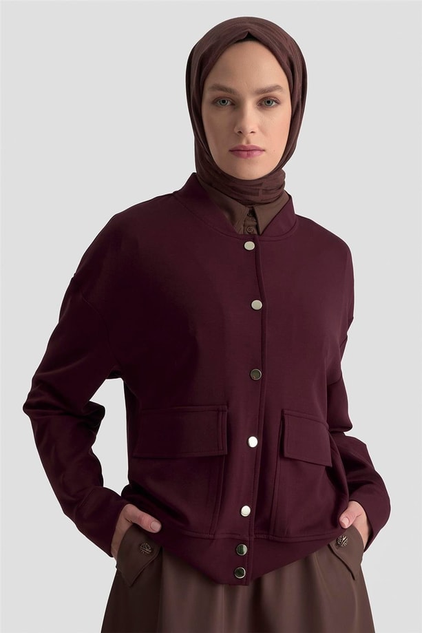 Armine Zımbalı Örme Ceket 25KD4032 Mürdüm