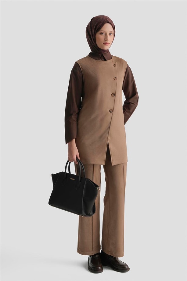 Armine Yelekli Süet Takım 25KD4395 Camel