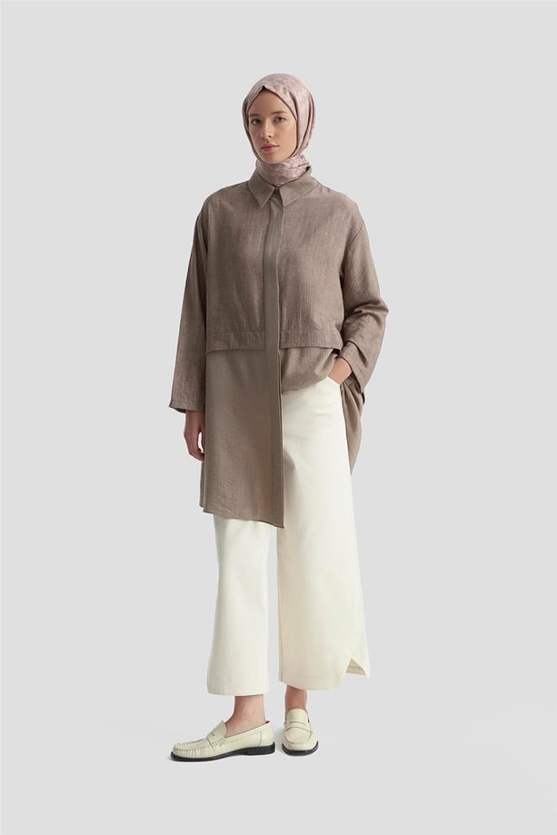 Armine Efektli Kumaş Mixli Tunik 25K4902 Kakao