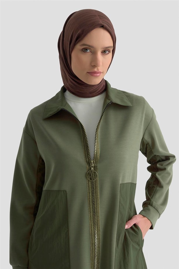 Armine Paraşüt Kumaş Mixli Örme Hırka 25KT5626 Haki