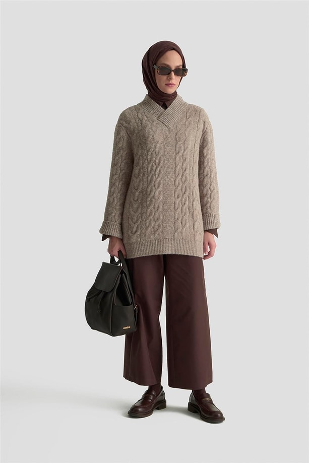 Armine Saç Örgü Desenli Kazak 25KD6002 Ekru