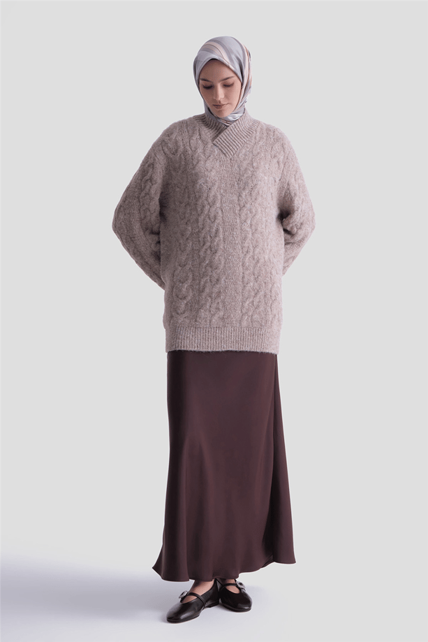 Armine Saç Örgü Desenli Kazak 25KD6002 Ekru - Vizon