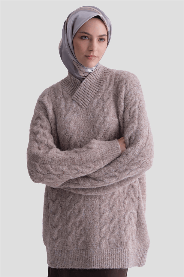 Armine Saç Örgü Desenli Kazak 25KD6002 Ekru - Vizon