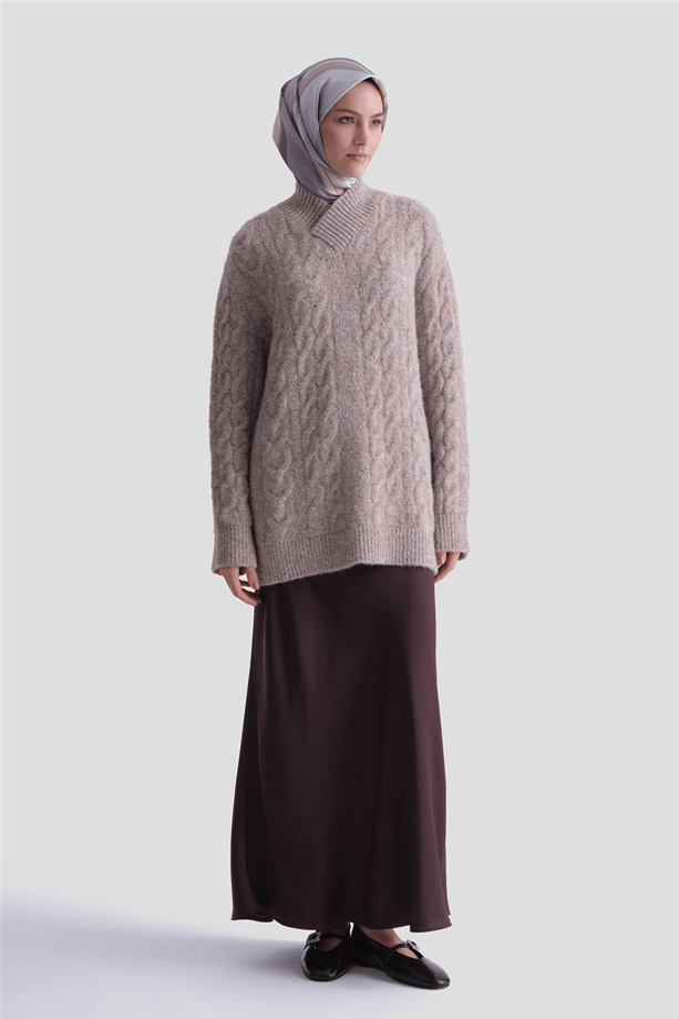 Armine Saç Örgü Desenli Kazak 25KD6002 Ekru - Vizon