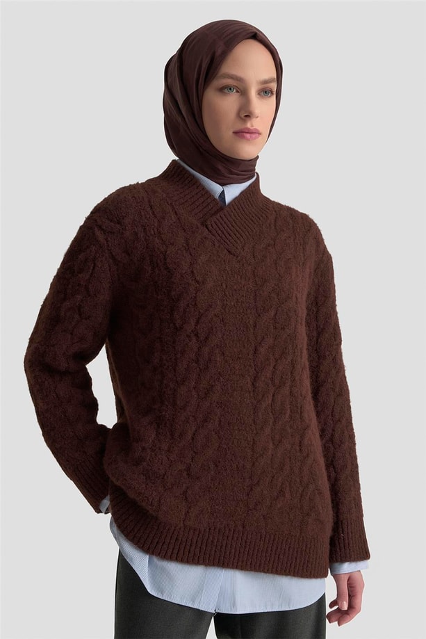 Armine Saç Örgü Desenli Kazak 25KD6002 Kızıl Kahve