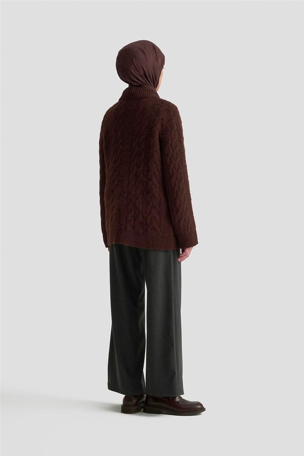 Armine Saç Örgü Desenli Kazak 25KD6002 Kızıl Kahve