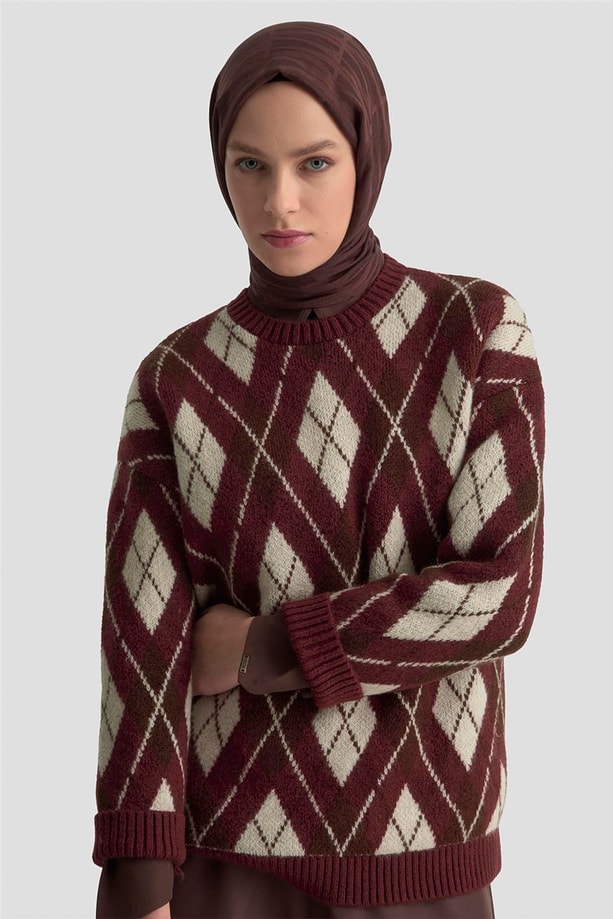 Armine Baklava Desenli Kazak 25KD6004 Bordo