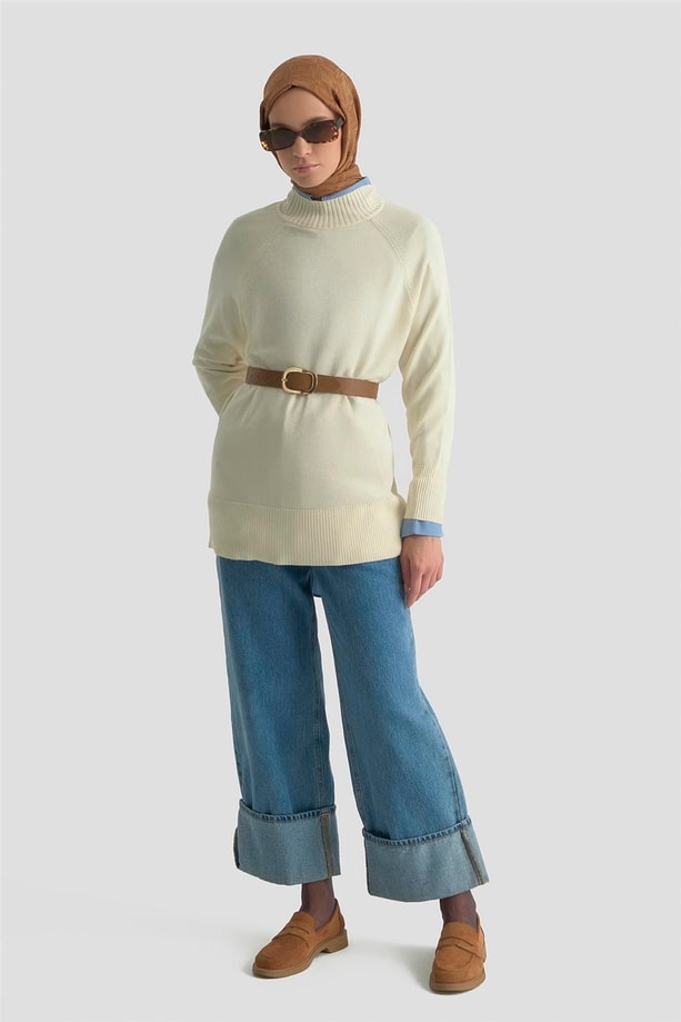 Armine Düğmeli Basic Oversize Kazak 25KD6016 Ekru