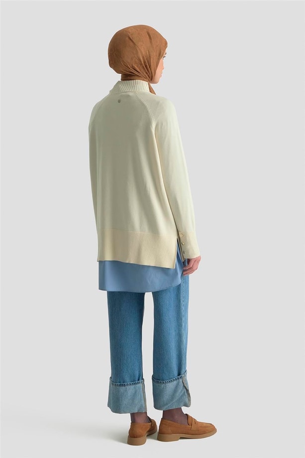 Armine Düğmeli Basic Oversize Kazak 25KD6016 Ekru