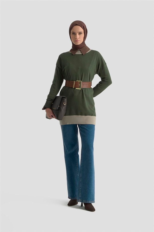 Armine Color Block Triko Tunik 25KD6018 Haki