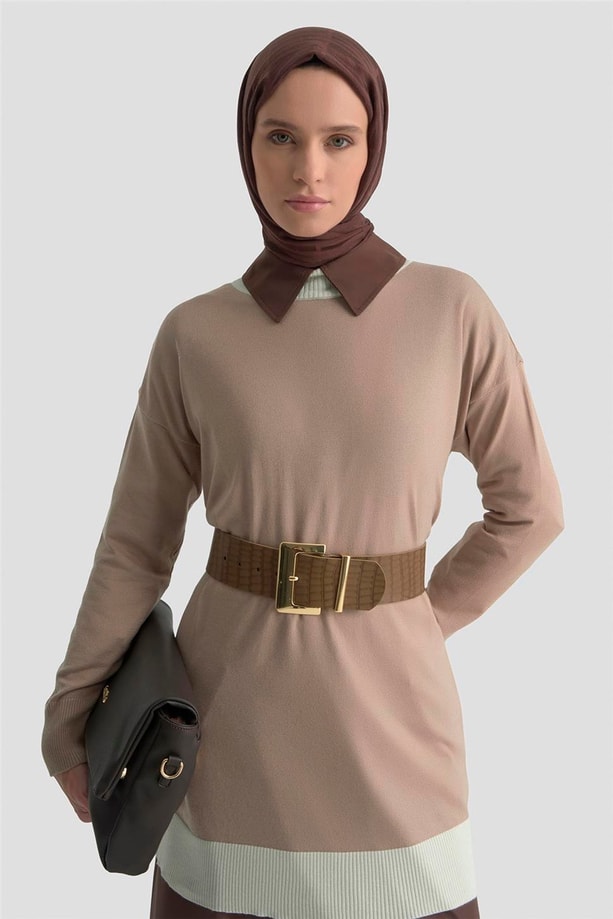 Armine Color Block Triko Tunik 25KD6018 Vizon