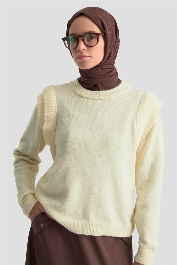 Armine Kolları Fırfırlı Kazak 25KD6012 Ekru