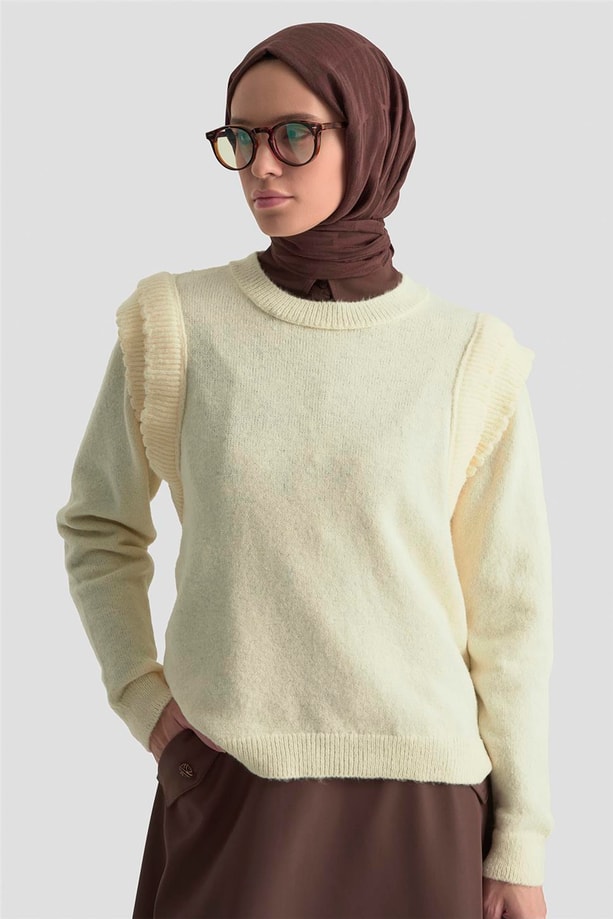 Armine Kolları Fırfırlı Kazak 25KD6012 Ekru