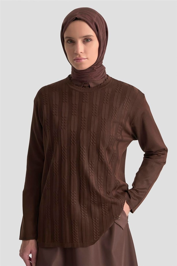 Armine Örgü Desenli Kazak 25KD7004 Kahverengi