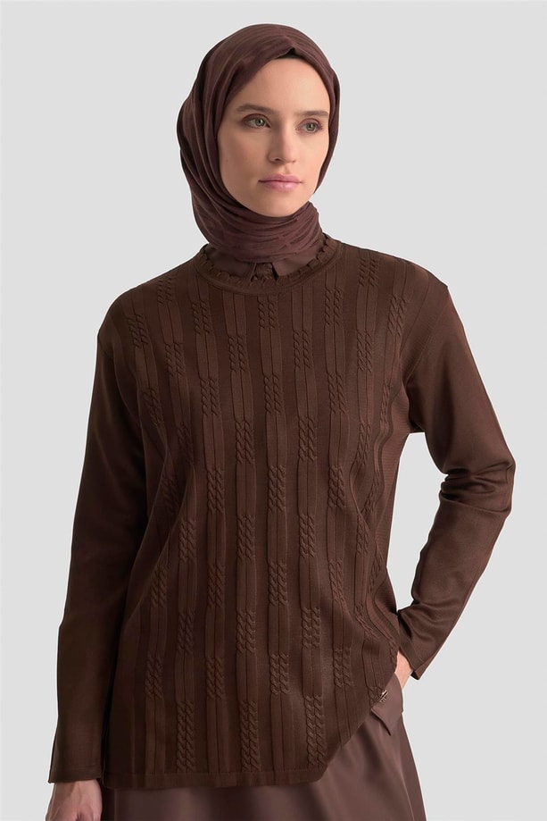 Armine Örgü Desenli Kazak 25KD7004 Kahverengi