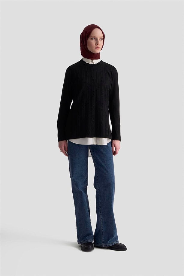 Armine Örgü Desenli Kazak 25KD7004 Siyah