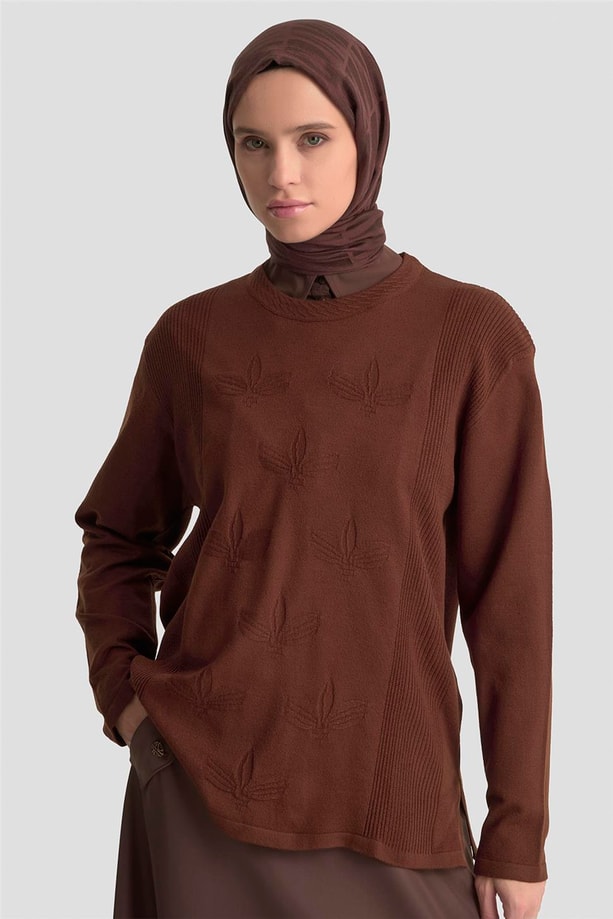 Armine Desenli Kazak 25KD7010 Kahverengi