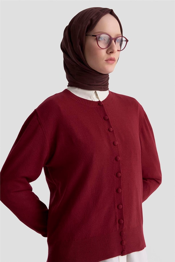 Armine Düğme Detaylı Basic Hırka 25KD7012 Bordo