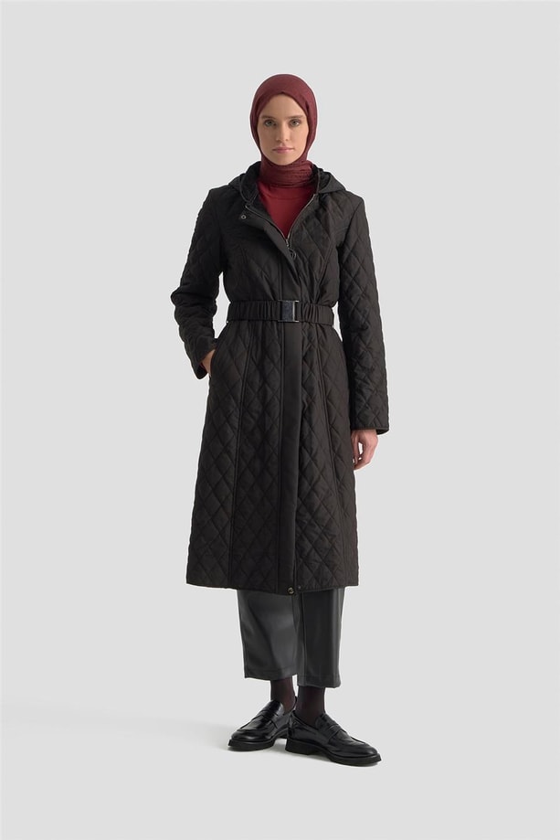 Armine Kemerli Kapitone Kaban 25KT706 Siyah