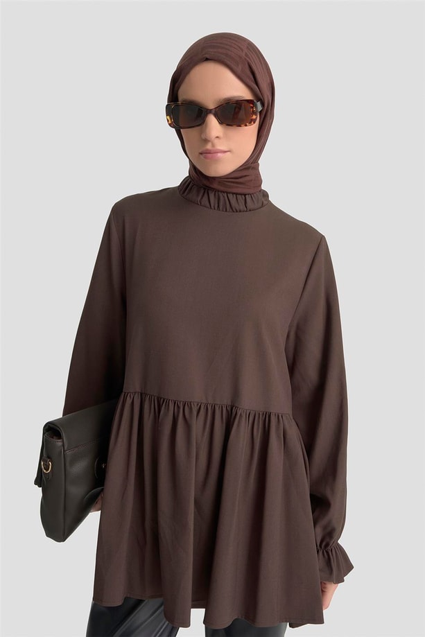 Armine Fırfırlı Balon Kollu Tunik 25KD9018  Acı Kahve
