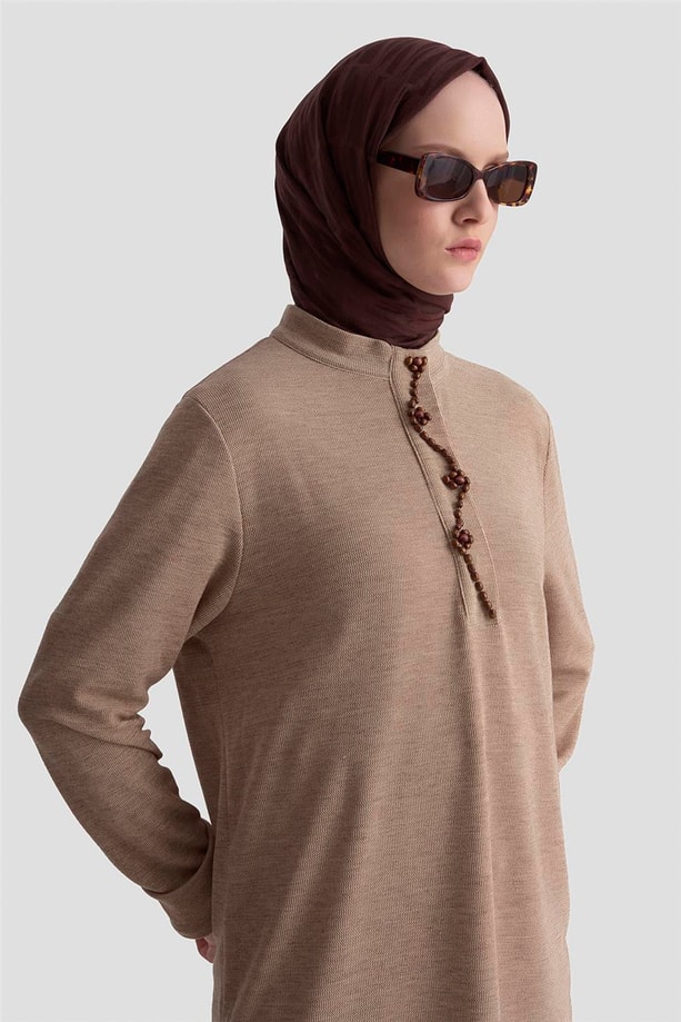 Armine Boncuk İşlemeli Örme Tunik 25KD9021 Bej