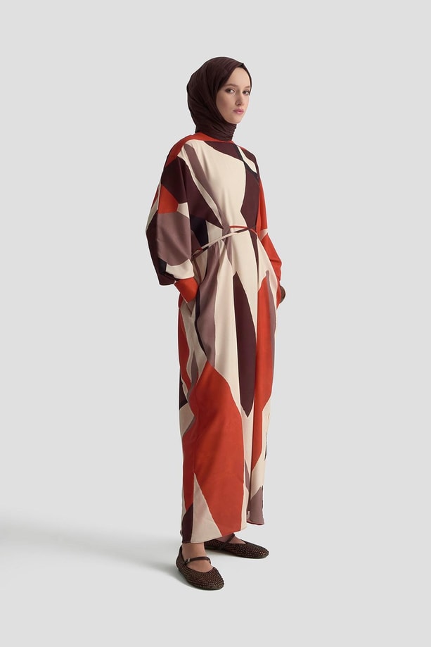 Armine Çapraz Bağlamalı Desenli Elbise 25K9101 Kiremit