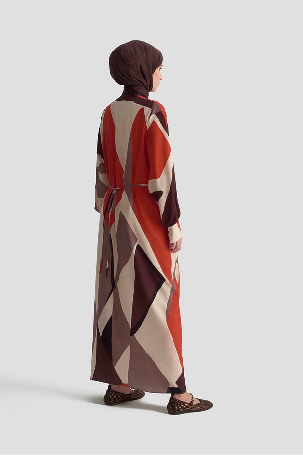 Armine Çapraz Bağlamalı Desenli Elbise 25K9101 Kiremit