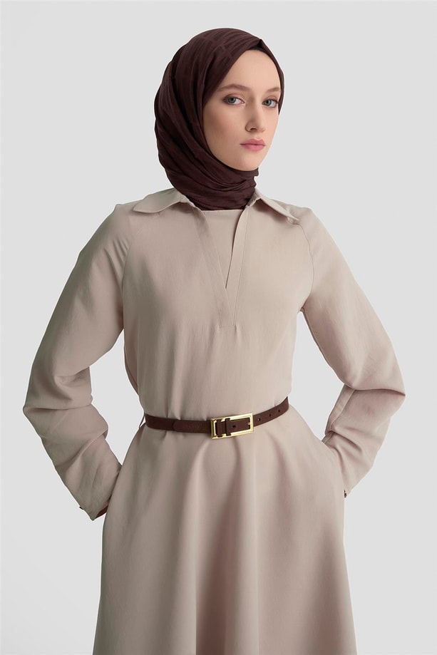 Armine Yakalı Modal Elbise 25K9103 Vizon