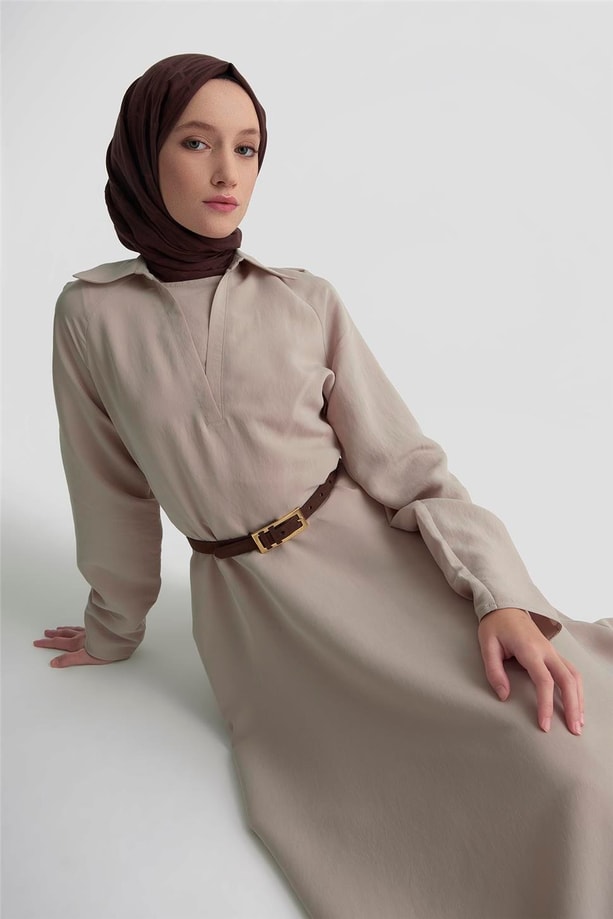 Armine Yakalı Modal Elbise 25K9103 Vizon