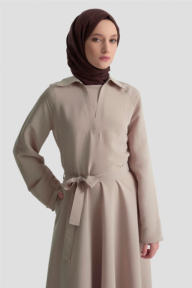 Armine Yakalı Modal Elbise 25K9103 Vizon