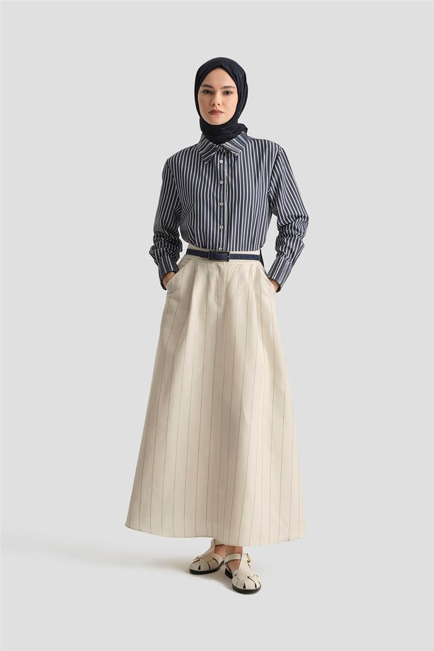 Armine Keten Çizgili Etek 25Y1812 Beyaz