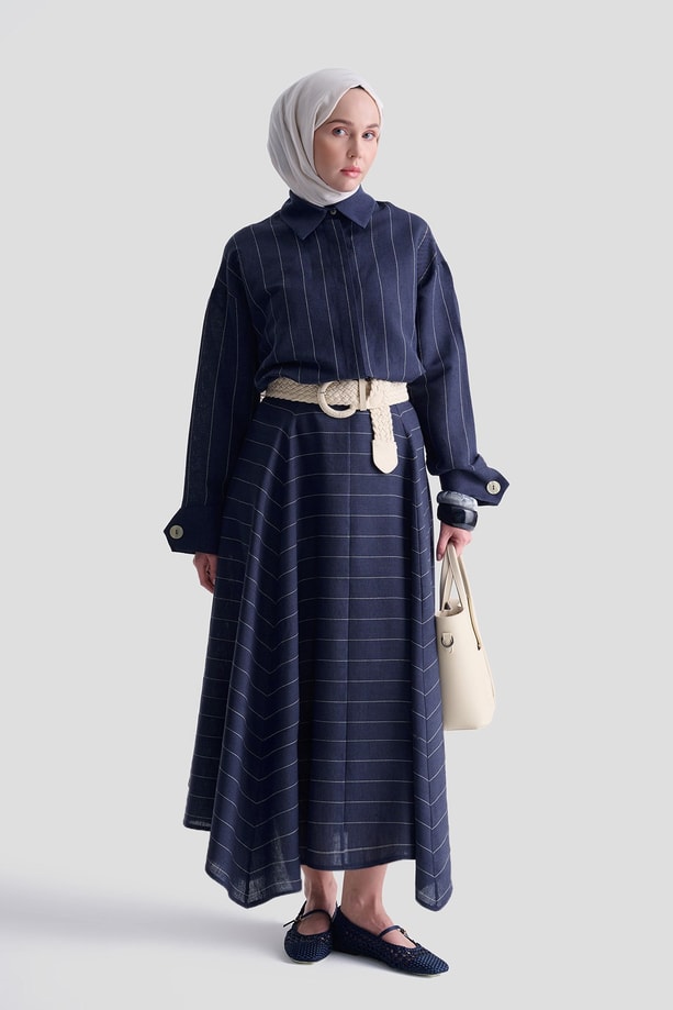 Armine Çizgili Keten Etek 25Y1848 Lacivert