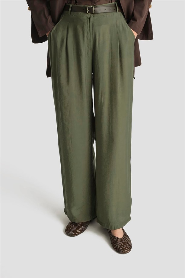 Armine Kemerli Palazzo Tencel Pantolon 25Y2810 Haki
