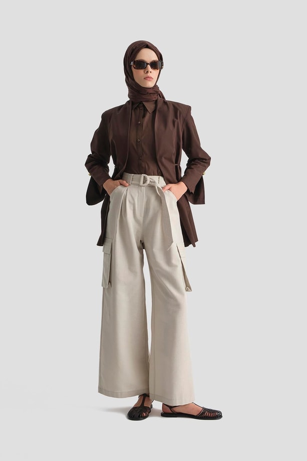 Armine Kargo Cepli Keten Pantolon 25Y2823 Taş