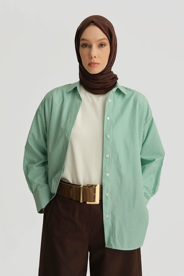 Armine Çizgili Gömlek 25YH3666  Yeşil