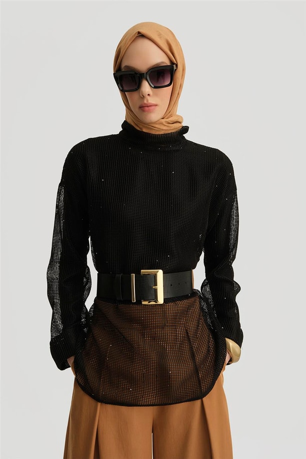 Armine Kemerli File Bluz 25Y3700 Siyah