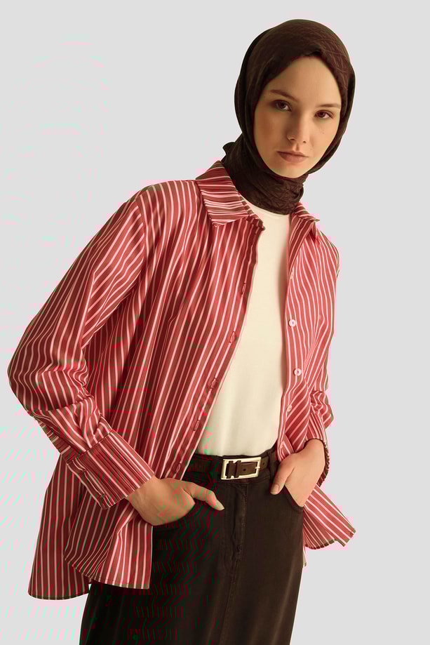 Armine Çizgili Gömlek 25YD3729 Kırmızı