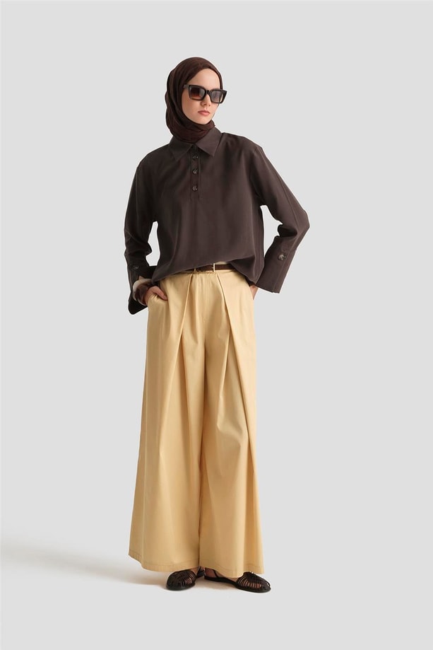 Armine Polo Yaka Tensel Bluz 25Y3736 Kahverengi