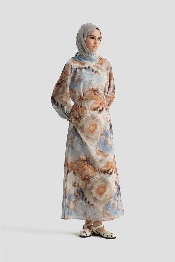 Armine Desenli Elbise 25YD4017 Mavi