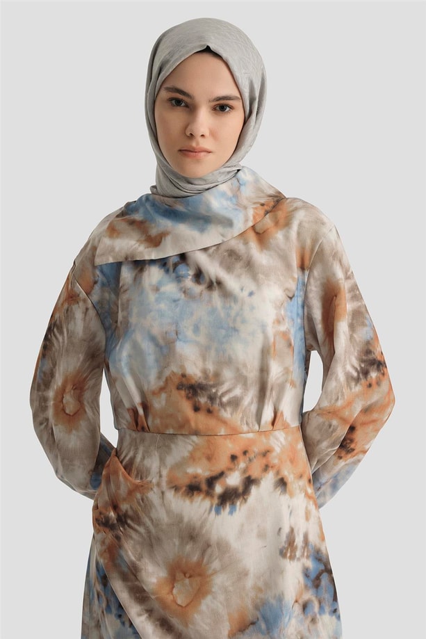 Armine Desenli Elbise 25YD4017 Mavi