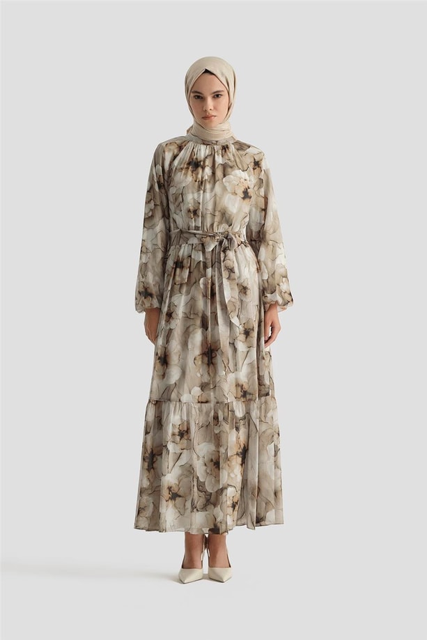 Armine Desenli Elbise 25YD4018 Kahverengi