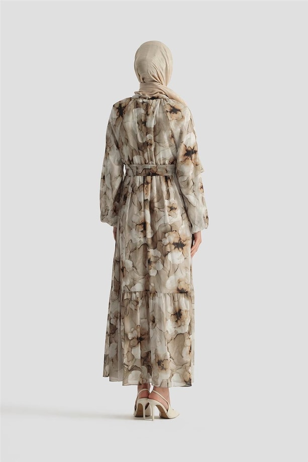 Armine Desenli Elbise 25YD4018 Kahverengi