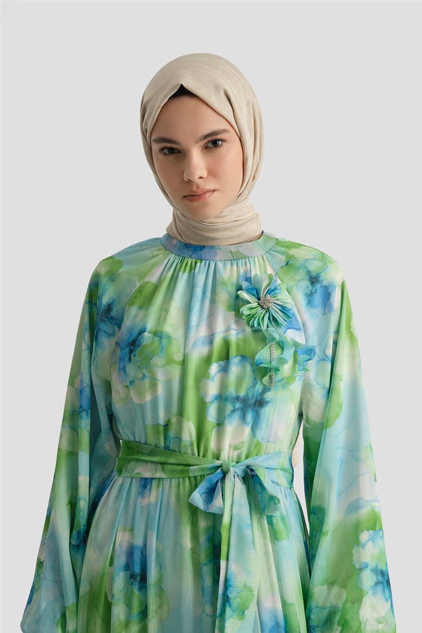 Armine Desenli Elbise 25YD4018 Mavi