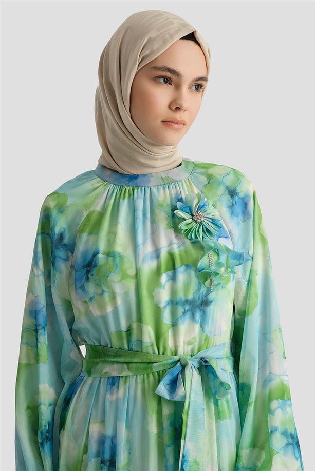 Armine Desenli Elbise 25YD4018 Mavi