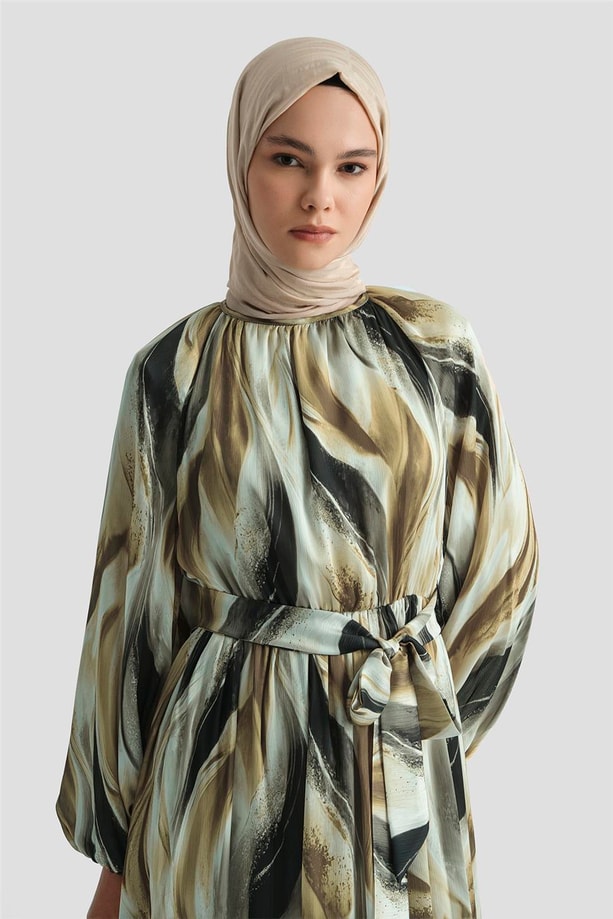 Armine Desenli Elbise 25YD4026 Kahverengi