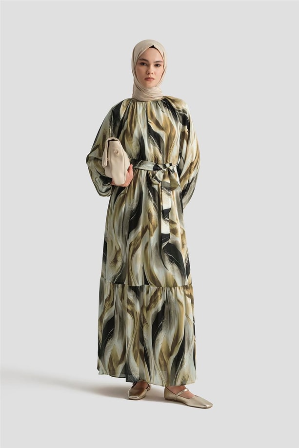 Armine Desenli Elbise 25YD4026 Kahverengi