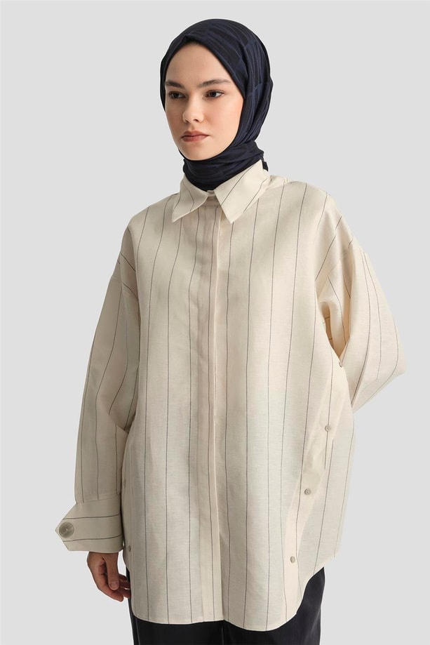 Armine Pat Detaylı Çizgili Keten Tunik 25Y4605 Beyaz