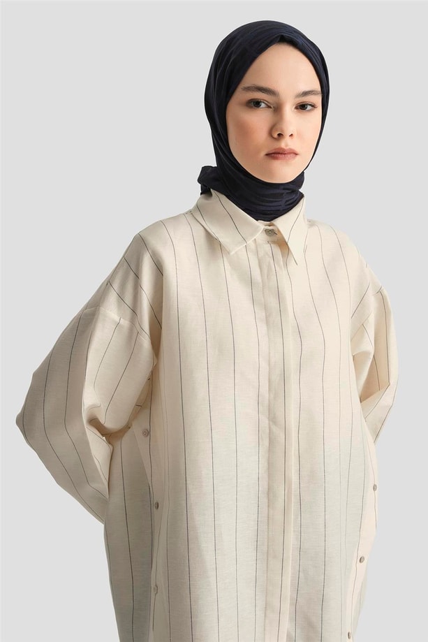Armine Pat Detaylı Çizgili Keten Tunik 25Y4605 Beyaz